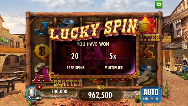 A Lucky Spin wheel result showing 20 Free Spins at x5